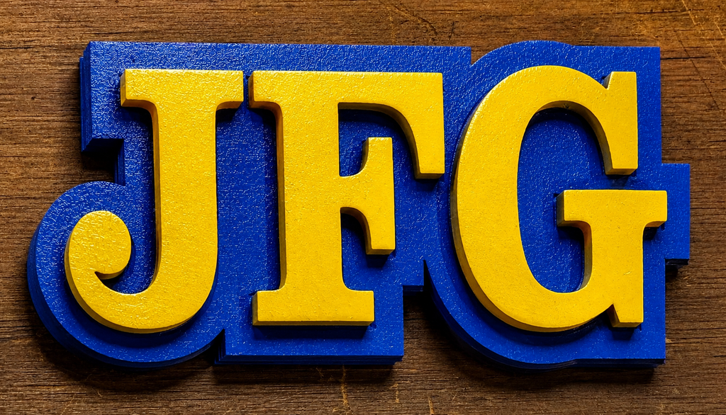 Yellow and blue letters 'JFG' on a wooden background